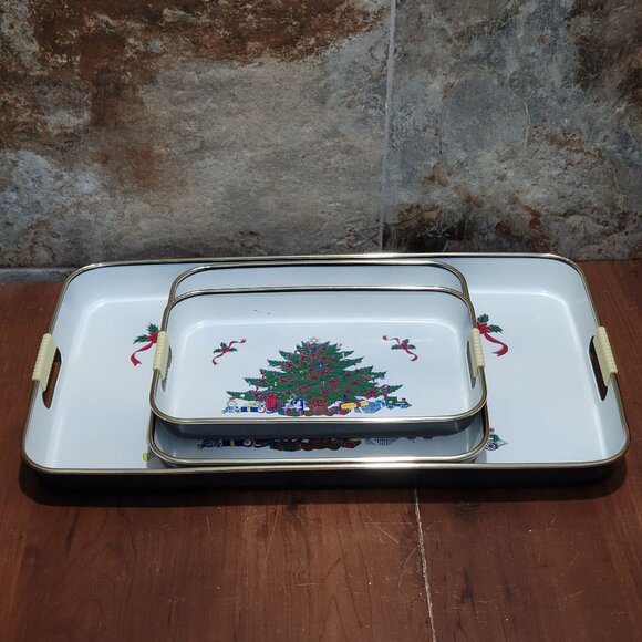 3 Piece Lacquered Tray Set Christmas Tree Scene Handled Lightweight Serving Tray - Picture 6 of 12
